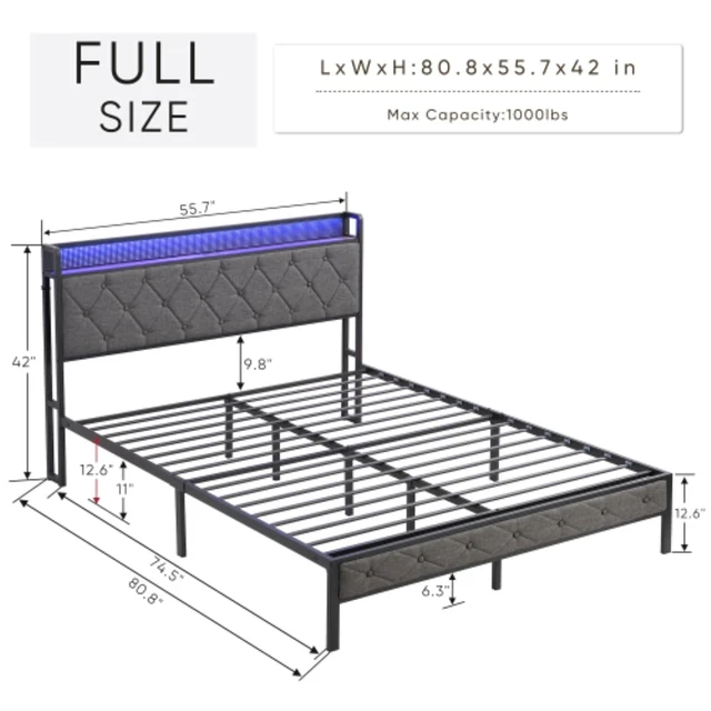 Alt view image 2 of 7 - Full Size Upholstered Platform Bed w/Storage Headboard and LED Lights, Panel Bed Frame w/Heavy Duty Metal Slats and Charging Station for Bedroom Guest Dorm Room, No Box Spring Needed (Gray Full)