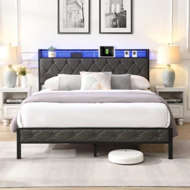 Alt view image 3 of 7 - Full Size Upholstered Platform Bed w/Storage Headboard and LED Lights, Panel Bed Frame w/Heavy Duty Metal Slats and Charging Station for Bedroom Guest Dorm Room, No Box Spring Needed (Gray Full)