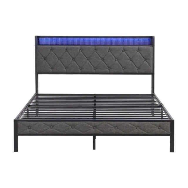 Alt view image 5 of 7 - Full Size Upholstered Platform Bed w/Storage Headboard and LED Lights, Panel Bed Frame w/Heavy Duty Metal Slats and Charging Station for Bedroom Guest Dorm Room, No Box Spring Needed (Gray Full)