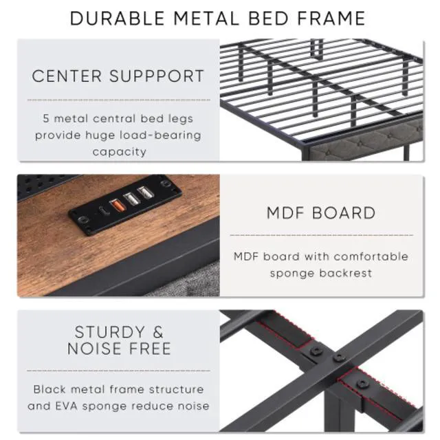 Alt view image 7 of 7 - Full Size Upholstered Platform Bed w/Storage Headboard and LED Lights, Panel Bed Frame w/Heavy Duty Metal Slats and Charging Station for Bedroom Guest Dorm Room, No Box Spring Needed (Gray Full)