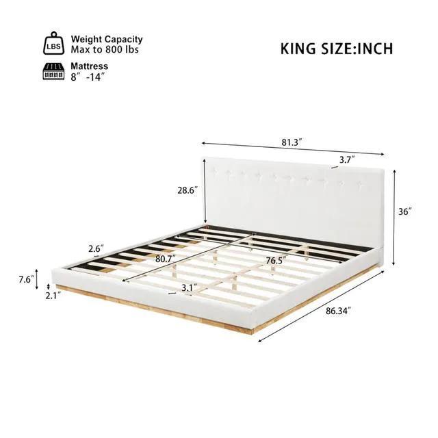 Alt view image 2 of 7 - Hassyee King Size Solid Wood Platform Bed with Upholstered Headboard, Modern Panel Bed Mattress Foundation with Sturdy Slat Support, Grounded Beds for Master Bedroom Guest Room, Noise-Free