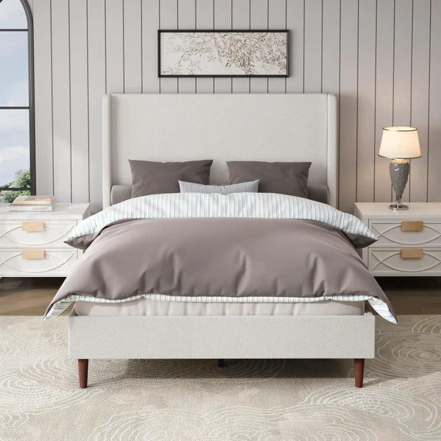 Main image of King/Queen Size Upholstered Platform Bed Frame with High Headboard, Panel Bed Mattress Foundation with Wooden Slat Support for Guest Room Apartment Bedroom, No Box Spring Needed (White+Queen+Chenille)