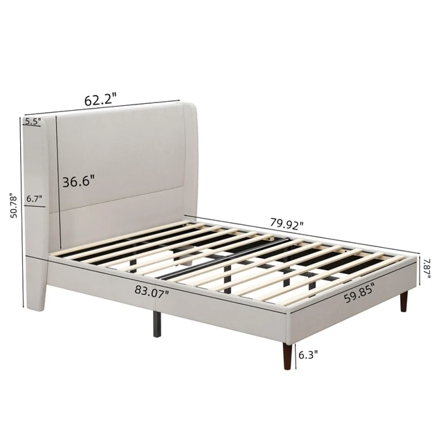 Alt view image 2 of 7 - King/Queen Size Upholstered Platform Bed Frame with High Headboard, Panel Bed Mattress Foundation with Wooden Slat Support for Guest Room Apartment Bedroom, No Box Spring Needed (White+Queen+Chenille)