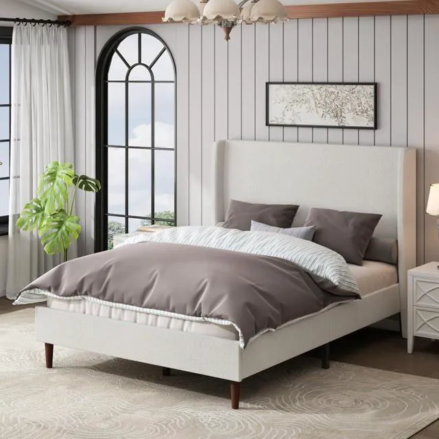 Alt view image 3 of 7 - King/Queen Size Upholstered Platform Bed Frame with High Headboard, Panel Bed Mattress Foundation with Wooden Slat Support for Guest Room Apartment Bedroom, No Box Spring Needed (White+Queen+Chenille)