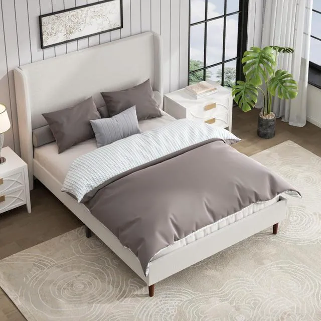 Alt view image 4 of 7 - King/Queen Size Upholstered Platform Bed Frame with High Headboard, Panel Bed Mattress Foundation with Wooden Slat Support for Guest Room Apartment Bedroom, No Box Spring Needed (White+Queen+Chenille)