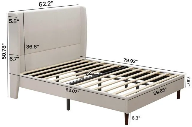 Alt view image 2 of 7 - King/Queen Size Upholstered Platform Bed Frame with High Headboard, Panel Bed Mattress Foundation with Wooden Slat Support for Guest Room Apartment Bedroom, No Box Spring Needed (Beige+Queen+Chenille)