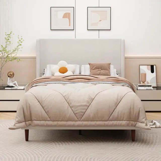 Alt view image 3 of 7 - King/Queen Size Upholstered Platform Bed Frame with High Headboard, Panel Bed Mattress Foundation with Wooden Slat Support for Guest Room Apartment Bedroom, No Box Spring Needed (Beige+Queen+Chenille)