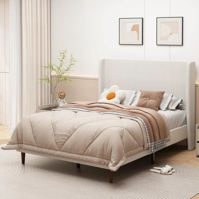 Main image of King/Queen Size Upholstered Platform Bed Frame with High Headboard, Panel Bed Mattress Foundation with Wooden Slat Support for Guest Room Apartment Bedroom, No Box Spring Needed (Beige+Queen+Chenille)