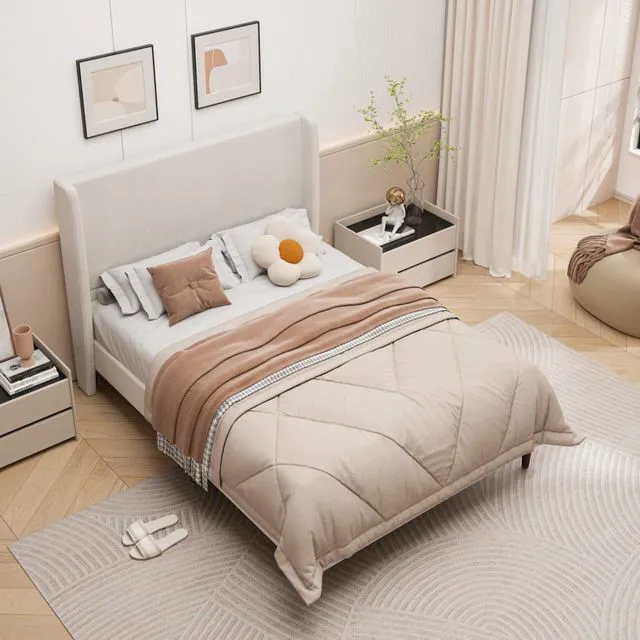 Alt view image 4 of 7 - King/Queen Size Upholstered Platform Bed Frame with High Headboard, Panel Bed Mattress Foundation with Wooden Slat Support for Guest Room Apartment Bedroom, No Box Spring Needed (Beige+Queen+Chenille)