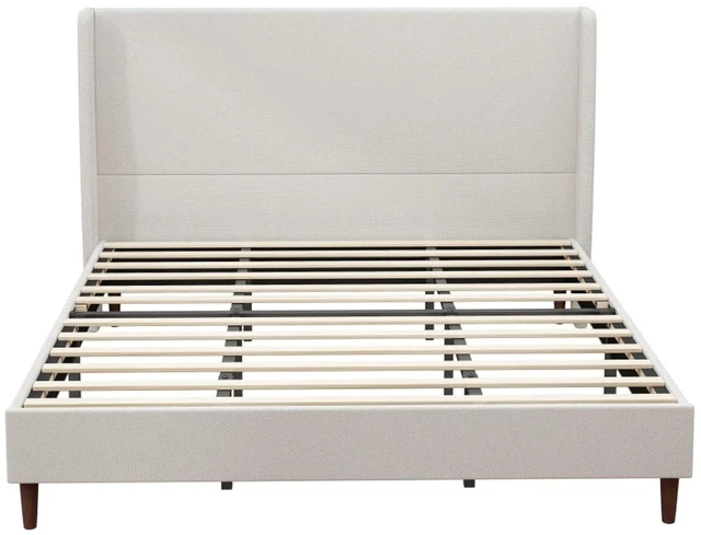 Alt view image 6 of 7 - King/Queen Size Upholstered Platform Bed Frame with High Headboard, Panel Bed Mattress Foundation with Wooden Slat Support for Guest Room Apartment Bedroom, No Box Spring Needed (White+King+Chenille)