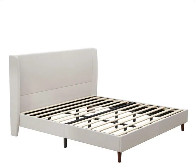 Alt view image 7 of 7 - King/Queen Size Upholstered Platform Bed Frame with High Headboard, Panel Bed Mattress Foundation with Wooden Slat Support for Guest Room Apartment Bedroom, No Box Spring Needed (White+King+Chenille)