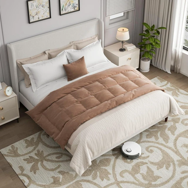Alt view image 4 of 7 - King/Queen Size Upholstered Platform Bed Frame with High Headboard, Panel Bed Mattress Foundation with Wooden Slat Support for Guest Room Apartment Bedroom, No Box Spring Needed (White+King+Chenille)