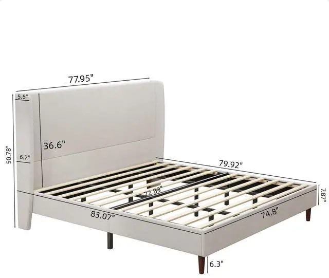 Alt view image 2 of 7 - King/Queen Size Upholstered Platform Bed Frame with High Headboard, Panel Bed Mattress Foundation with Wooden Slat Support for Guest Room Apartment Bedroom, No Box Spring Needed (White+King+Chenille)