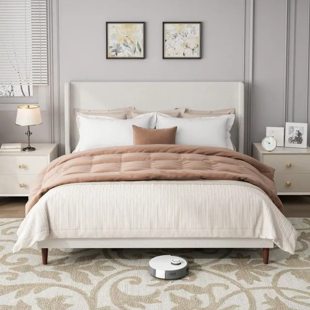 Alt view image 3 of 7 - King/Queen Size Upholstered Platform Bed Frame with High Headboard, Panel Bed Mattress Foundation with Wooden Slat Support for Guest Room Apartment Bedroom, No Box Spring Needed (White+King+Chenille)