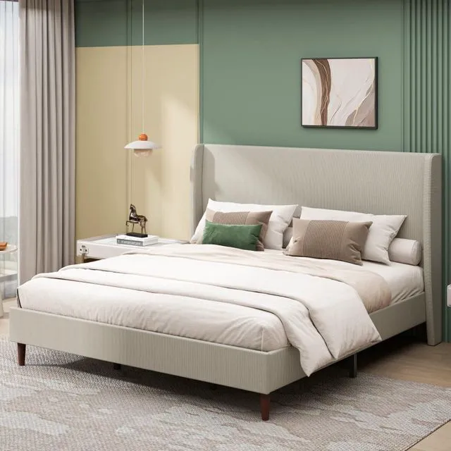 Main image of King/Queen Size Upholstered Platform Bed Frame with High Headboard, Panel Bed Mattress Foundation with Wooden Slat Support for Guest Room Apartment Bedroom, No Box Spring Needed (Beige+King+Linen)