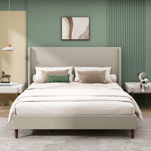 Alt view image 3 of 7 - King/Queen Size Upholstered Platform Bed Frame with High Headboard, Panel Bed Mattress Foundation with Wooden Slat Support for Guest Room Apartment Bedroom, No Box Spring Needed (Beige+King+Linen)