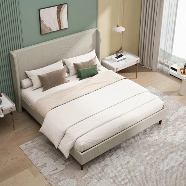 Alt view image 4 of 7 - King/Queen Size Upholstered Platform Bed Frame with High Headboard, Panel Bed Mattress Foundation with Wooden Slat Support for Guest Room Apartment Bedroom, No Box Spring Needed (Beige+King+Linen)