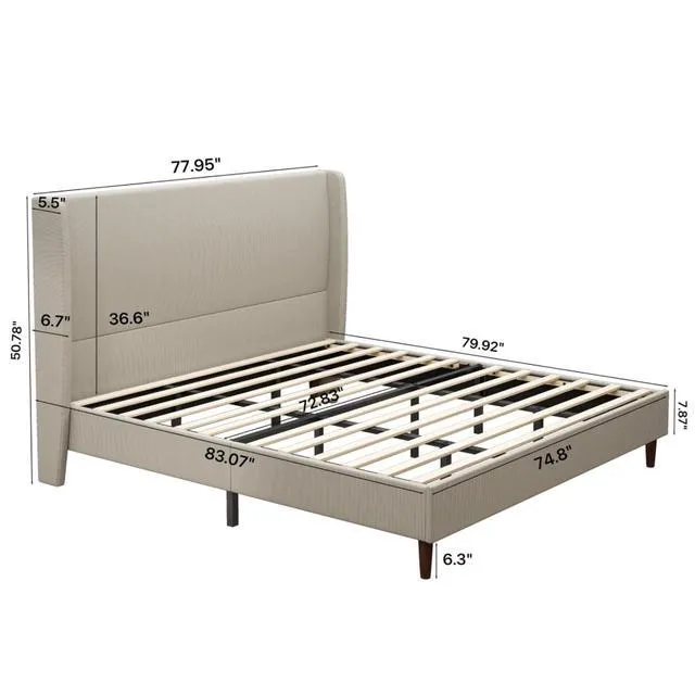 Alt view image 2 of 7 - King/Queen Size Upholstered Platform Bed Frame with High Headboard, Panel Bed Mattress Foundation with Wooden Slat Support for Guest Room Apartment Bedroom, No Box Spring Needed (Beige+King+Linen)