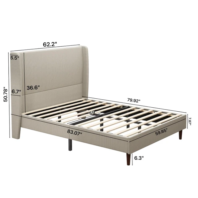 Alt view image 2 of 7 - King/Queen Size Upholstered Platform Bed Frame with High Headboard, Panel Bed Mattress Foundation with Wooden Slat Support for Guest Room Apartment Bedroom, No Box Spring Needed (Beige+Queen+Linen)