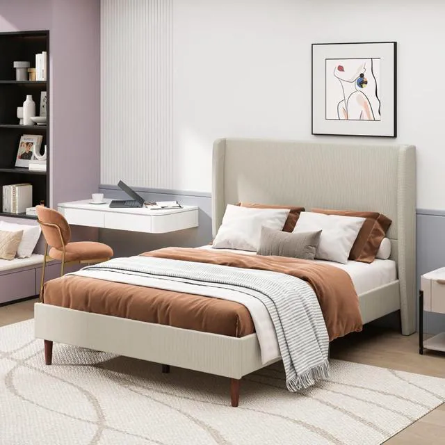 Alt view image 3 of 7 - King/Queen Size Upholstered Platform Bed Frame with High Headboard, Panel Bed Mattress Foundation with Wooden Slat Support for Guest Room Apartment Bedroom, No Box Spring Needed (Beige+Queen+Linen)
