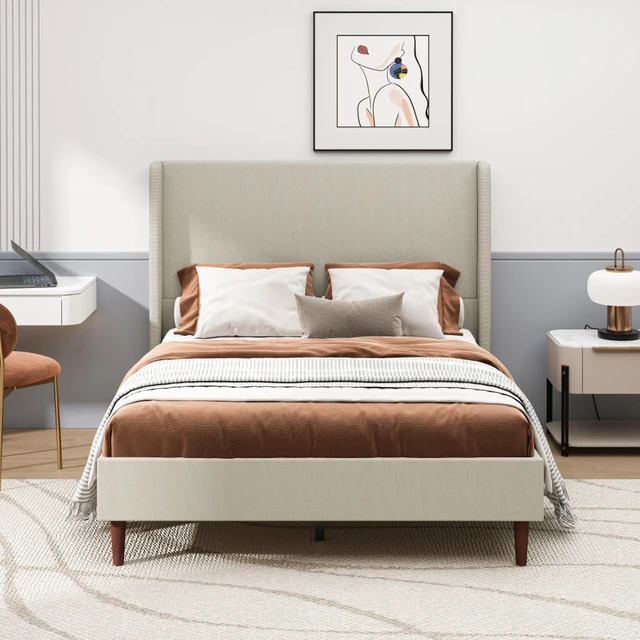 Alt view image 4 of 7 - King/Queen Size Upholstered Platform Bed Frame with High Headboard, Panel Bed Mattress Foundation with Wooden Slat Support for Guest Room Apartment Bedroom, No Box Spring Needed (Beige+Queen+Linen)