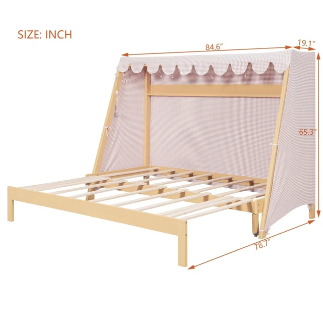 Alt view image 2 of 7 - Twin XL Canopy Bed Solid Wood Platform Bed Daybed w/Removable Canopy for Teens,Funny Tent Bedframe w/LED,Shelf&Wooden Slats Support for Boy Girl,Creative Cabin Beds for Bedroom Dorm (Natural Twin XL)