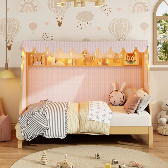 Alt view image 3 of 7 - Twin XL Canopy Bed Solid Wood Platform Bed Daybed w/Removable Canopy for Teens,Funny Tent Bedframe w/LED,Shelf&Wooden Slats Support for Boy Girl,Creative Cabin Beds for Bedroom Dorm (Natural Twin XL)