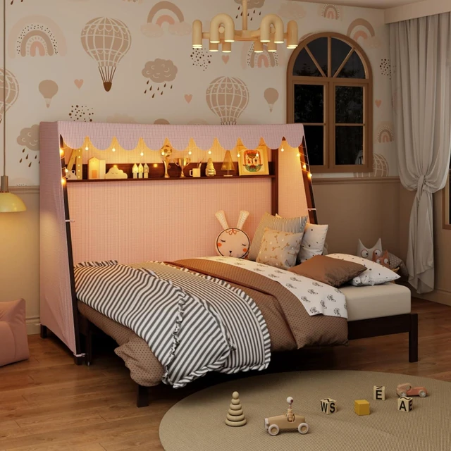 Main image of Twin XL Canopy Bed Solid Wood Platform Bed Daybed w/Removable Canopy for Teens,Funny Tent Bedframe w/LED,Shelf&Wooden Slats Support for Boy Girl,Creative Cabin Beds for Bedroom Dorm (Espresso Twin XL)