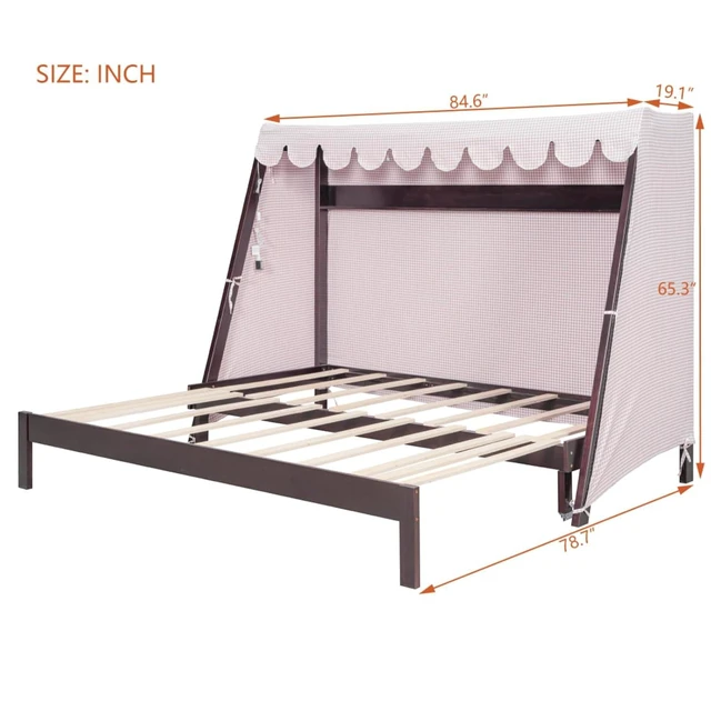 Alt view image 2 of 7 - Twin XL Canopy Bed Solid Wood Platform Bed Daybed w/Removable Canopy for Teens,Funny Tent Bedframe w/LED,Shelf&Wooden Slats Support for Boy Girl,Creative Cabin Beds for Bedroom Dorm (Espresso Twin XL)
