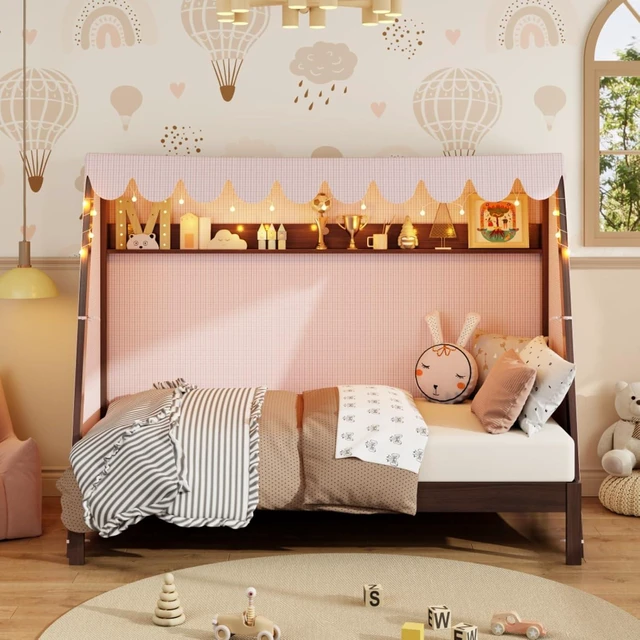 Alt view image 3 of 7 - Twin XL Canopy Bed Solid Wood Platform Bed Daybed w/Removable Canopy for Teens,Funny Tent Bedframe w/LED,Shelf&Wooden Slats Support for Boy Girl,Creative Cabin Beds for Bedroom Dorm (Espresso Twin XL)