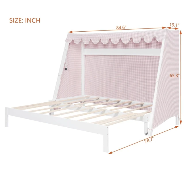Alt view image 2 of 7 - Twin XL Canopy Bed Solid Wood Platform Bed Daybed w/Removable Canopy for Teens,Funny Tent Bedframe w/LED,Shelf&Wooden Slats Support for Boy Girl,Creative Cabin Beds for Bedroom Dorm (White Twin XL)