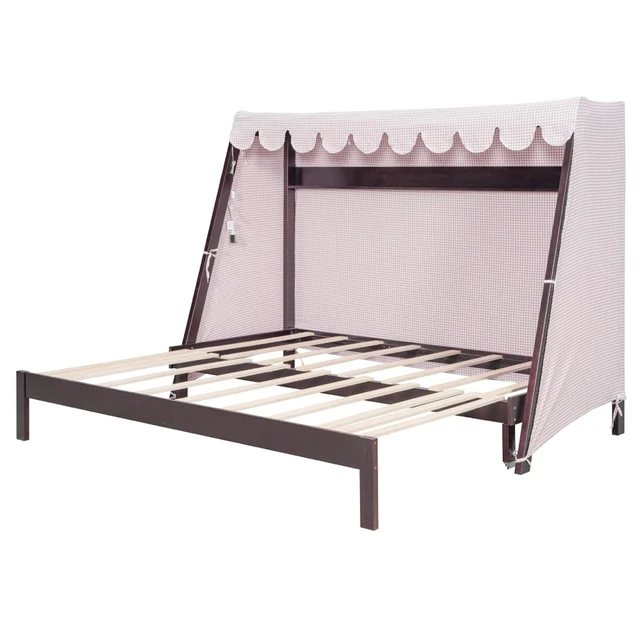 Alt view image 5 of 7 - Twin XL Canopy Bed Solid Wood Platform Bed Daybed w/Removable Canopy for Teens,Funny Tent Bedframe w/LED,Shelf&Wooden Slats Support for Boy Girl,Creative Cabin Beds for Bedroom Dorm (Espresso Twin XL)