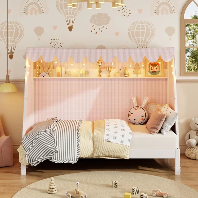 Alt view image 3 of 7 - Twin XL Canopy Bed Solid Wood Platform Bed Daybed w/Removable Canopy for Teens,Funny Tent Bedframe w/LED,Shelf&Wooden Slats Support for Boy Girl,Creative Cabin Beds for Bedroom Dorm (White Twin XL)