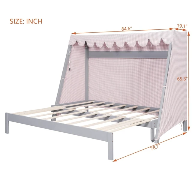 Alt view image 2 of 7 - Twin XL Canopy Bed Solid Wood Platform Bed Daybed w/Removable Canopy for Teens,Funny Tent Bedframe w/LED,Shelf&Wooden Slats Support for Boy Girl,Creative Cabin Beds for Bedroom Dorm (Gray Twin XL)