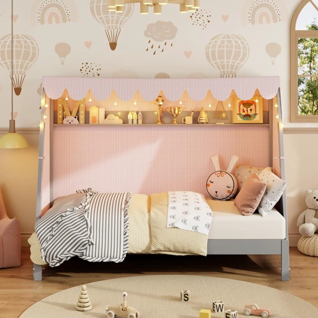 Alt view image 3 of 7 - Twin XL Canopy Bed Solid Wood Platform Bed Daybed w/Removable Canopy for Teens,Funny Tent Bedframe w/LED,Shelf&Wooden Slats Support for Boy Girl,Creative Cabin Beds for Bedroom Dorm (Gray Twin XL)