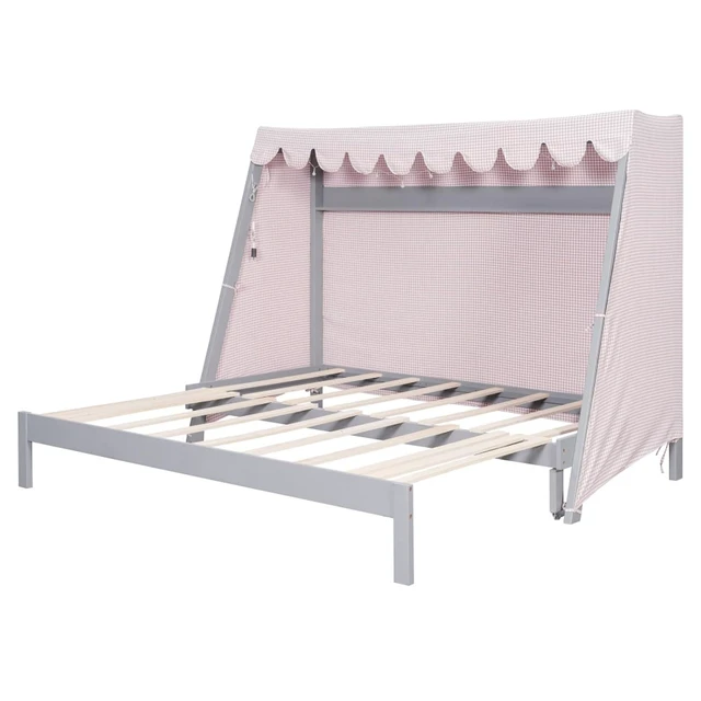 Alt view image 5 of 7 - Twin XL Canopy Bed Solid Wood Platform Bed Daybed w/Removable Canopy for Teens,Funny Tent Bedframe w/LED,Shelf&Wooden Slats Support for Boy Girl,Creative Cabin Beds for Bedroom Dorm (Gray Twin XL)