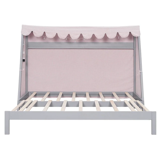 Alt view image 6 of 7 - Twin XL Canopy Bed Solid Wood Platform Bed Daybed w/Removable Canopy for Teens,Funny Tent Bedframe w/LED,Shelf&Wooden Slats Support for Boy Girl,Creative Cabin Beds for Bedroom Dorm (Gray Twin XL)