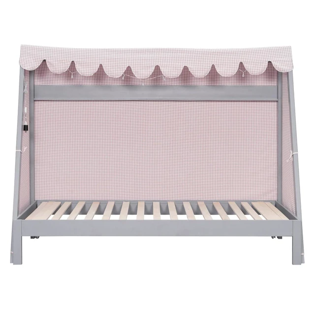 Alt view image 7 of 7 - Twin XL Canopy Bed Solid Wood Platform Bed Daybed w/Removable Canopy for Teens,Funny Tent Bedframe w/LED,Shelf&Wooden Slats Support for Boy Girl,Creative Cabin Beds for Bedroom Dorm (Gray Twin XL)