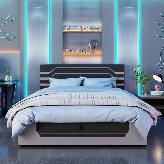 Alt view image 3 of 7 - Hassyee Queen Size Modern Upholstered Platform Bed with Padded Headboard, Hydraulic Storage Gaming Bed Frame with Slat Support for Bedroom Apartment Gaming Room, Quick Assembly (Black+ Gray Queen)