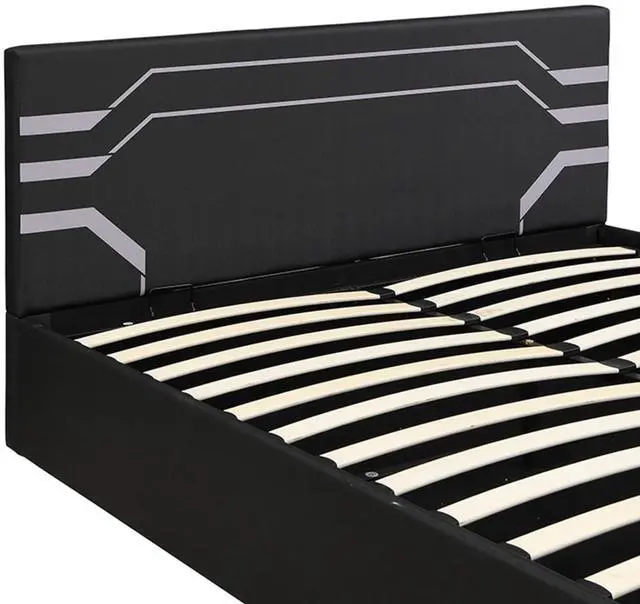 Alt view image 6 of 7 - Hassyee Queen Size Modern Upholstered Platform Bed with Padded Headboard, Hydraulic Storage Gaming Bed Frame with Slat Support for Bedroom Apartment Gaming Room, Quick Assembly (Black+ Gray Queen)