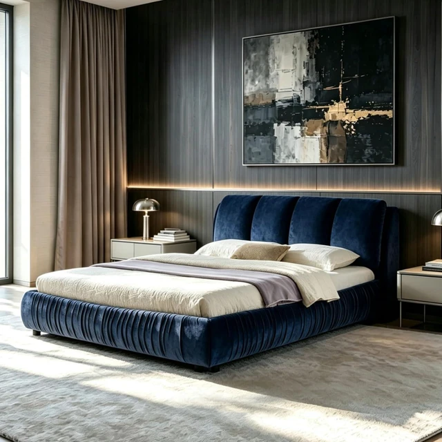 Main image of Hassyee Queen Size Elegant Upholstered Platform Bed with Velvet Headboard, Modern Panel Bed Mattress Foundation with Wooden Slat Support for Adults Teens Master Bedroom Guest Room (Dark Blue Queen)