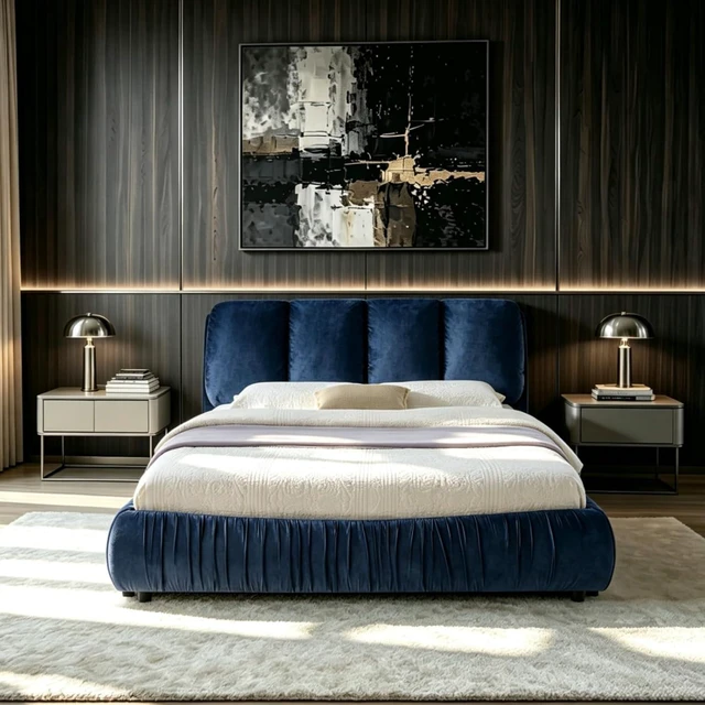 Alt view image 3 of 7 - Hassyee Queen Size Elegant Upholstered Platform Bed with Velvet Headboard, Modern Panel Bed Mattress Foundation with Wooden Slat Support for Adults Teens Master Bedroom Guest Room (Dark Blue Queen)