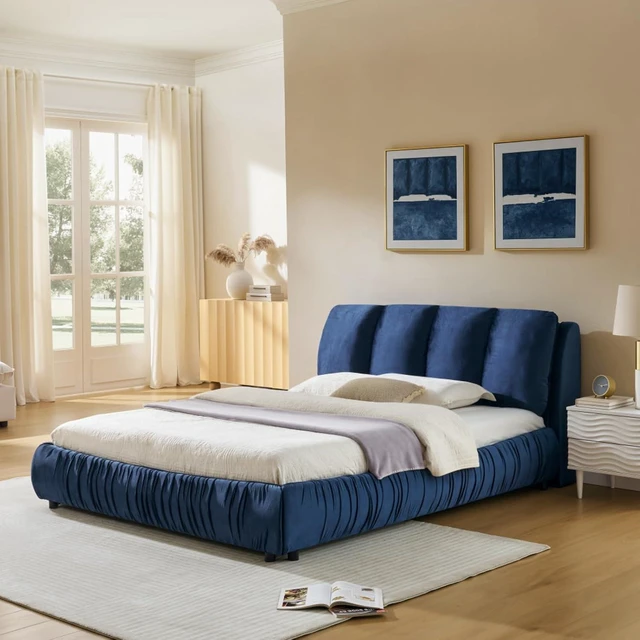 Alt view image 4 of 7 - Hassyee Queen Size Elegant Upholstered Platform Bed with Velvet Headboard, Modern Panel Bed Mattress Foundation with Wooden Slat Support for Adults Teens Master Bedroom Guest Room (Dark Blue Queen)
