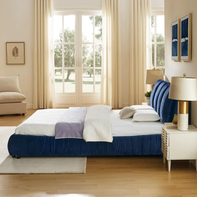 Alt view image 6 of 7 - Hassyee Queen Size Elegant Upholstered Platform Bed with Velvet Headboard, Modern Panel Bed Mattress Foundation with Wooden Slat Support for Adults Teens Master Bedroom Guest Room (Dark Blue Queen)