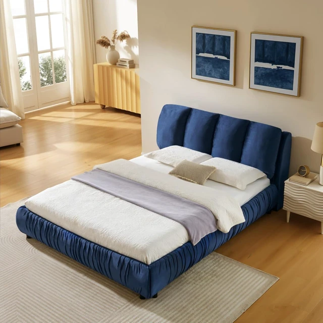 Alt view image 5 of 7 - Hassyee Queen Size Elegant Upholstered Platform Bed with Velvet Headboard, Modern Panel Bed Mattress Foundation with Wooden Slat Support for Adults Teens Master Bedroom Guest Room (Dark Blue Queen)