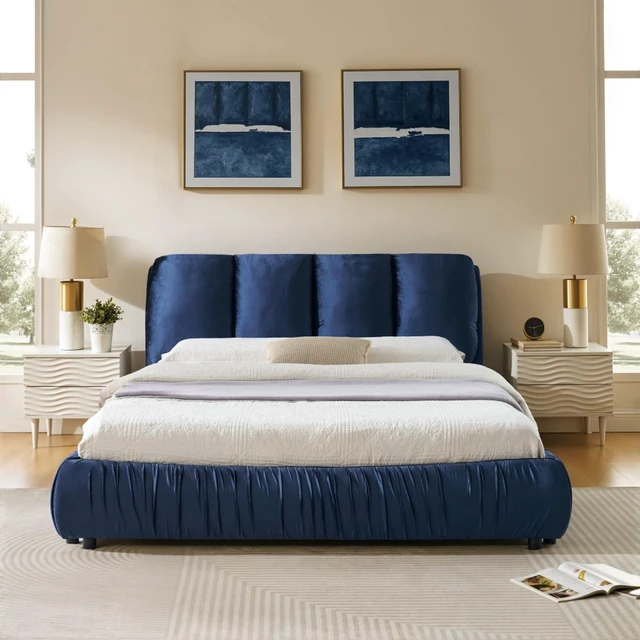Alt view image 7 of 7 - Hassyee Queen Size Elegant Upholstered Platform Bed with Velvet Headboard, Modern Panel Bed Mattress Foundation with Wooden Slat Support for Adults Teens Master Bedroom Guest Room (Dark Blue Queen)