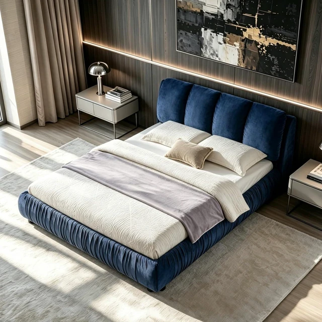 Alt view image 2 of 7 - Hassyee Queen Size Elegant Upholstered Platform Bed with Velvet Headboard, Modern Panel Bed Mattress Foundation with Wooden Slat Support for Adults Teens Master Bedroom Guest Room (Dark Blue Queen)