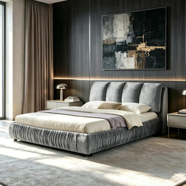 Main image of Hassyee Queen Size Elegant Upholstered Platform Bed with Velvet Headboard, Modern Panel Bed Mattress Foundation with Wooden Slat Support for Adults Teens Master Bedroom Guest Room (Gray Queen)