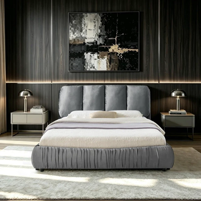 Alt view image 3 of 7 - Hassyee Queen Size Elegant Upholstered Platform Bed with Velvet Headboard, Modern Panel Bed Mattress Foundation with Wooden Slat Support for Adults Teens Master Bedroom Guest Room (Gray Queen)