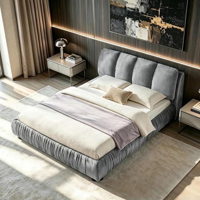 Alt view image 2 of 7 - Hassyee Queen Size Elegant Upholstered Platform Bed with Velvet Headboard, Modern Panel Bed Mattress Foundation with Wooden Slat Support for Adults Teens Master Bedroom Guest Room (Gray Queen)